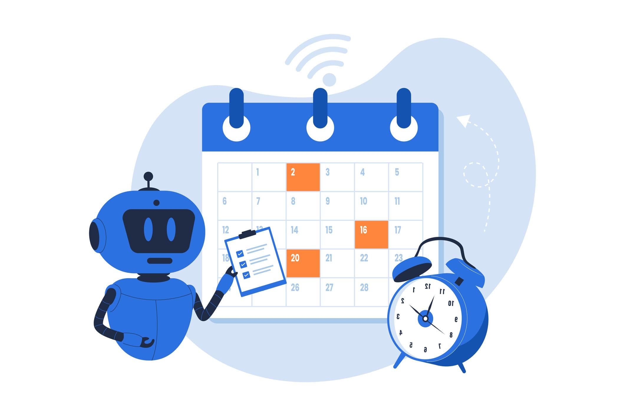 Ilustração de um robô azul com uma lista de tarefas ao lado de um calendário com datas marcadas e um despertador
