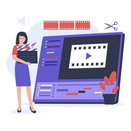 Ilustração de uma editora de vídeo com uma claquete diante de uma tela de edição com linha do tempo e tesoura
